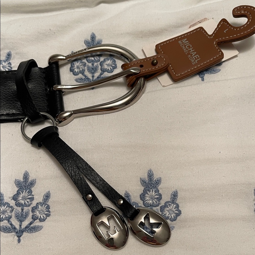 Michael Kors Black Leather Belt with Silver Accents